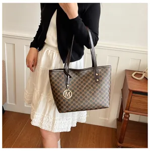 Damen Pendler Tote Bag grosse Kapazitaet braune Monogramm Schultertasche stilvolle Handtasche