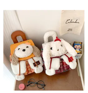 Mignon sac à dos en peluche lapin et chiot, cartable doux style kawaii pour étudiants.
