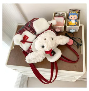 Sac à dos mignon en peluche lapin style ins japonais, cartable à carreau rouge doux.