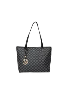 Schwarze Monogramm Tote Tasche fuer Damen, grosse Schultertasche fuer den Alltag.