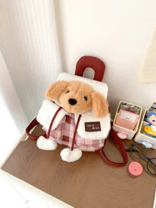 Sac à dos mignon en peluche pour chiot style japonais cartable à carreaux mode jolie animal