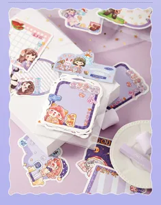 Cute aesthetic sticky notes detail view showing shimmery cartoon journal memo pads.