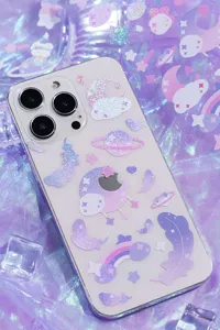 Holographic clear phone case stickers featuring cute pink purple moon star cosmic designs.
