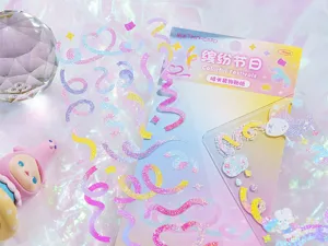 Shiny PVC holographic sticker detail for journaling, scrapbooking, and card decoration.