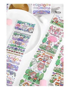 Decorative washi tape and long sticker sheets set, cute cartoon lifestyle design for journal DIY crafts.