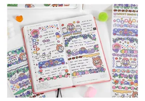 Detailed view of cute decorative washi masking tape rolls and planner journal setup.