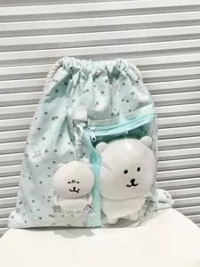 Mochila ita con cordón menta con estampado de estrellas bolsillo de PVC transparente y osito.