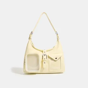 Clear window shoulder bag with transparent pocket, cream yellow daily commuter style.