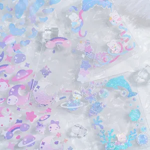 Cute holographic PVC Guka card holders and stickers set, dreamy aesthetic journal decorative collage.