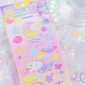 Holographic star moon sticker pack for journaling, cute sparkly PVC decorative stickers.