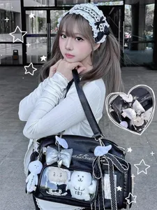 Black ita bag boston handbag with transparent window, bows and cute plush pendants for daily use.