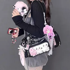 Black PU leather itabag clear front window Boston shoulder bag with cute plush charms lace