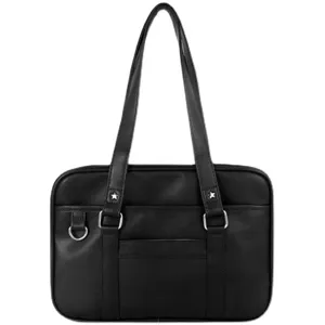 Japanese style PU leather JK uniform bag, classic black school bag with front pocket and metal rings.