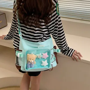 Japanese style transparent ita bag with clear window, light blue casual shoulder bag for students.