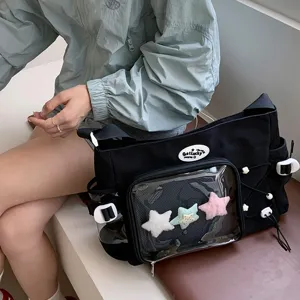 Japanese style casual canvas ita bag with transparent window, large capacity shoulder bag for women.