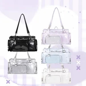 Women PU Leather Boston Ita Bag Transparent Window Casual Shoulder Tote Bag