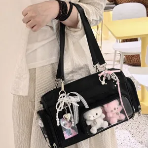 Black Boston Ita Bag Transparent Window Shoulder Handbag Cute Plush Toy Display Japanese Style