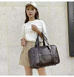 Large PU leather Japanese uniform bag in dark brown, featuring front pockets and sturdy handles.