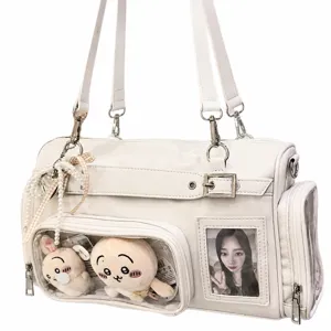 White PU leather Boston ita bag with clear pockets, custom plush charm and photo window display.
