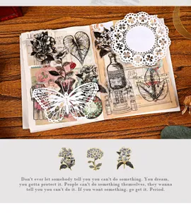 Vintage botanical sticker pack detail showcasing dark floral designs and journal collage elements.