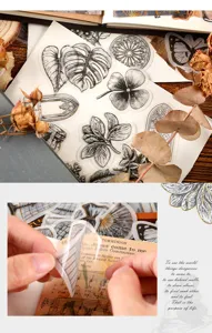 Momo gold stamping botanical sticker pack gothic journaling DIY collage material transparent pet