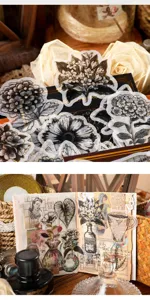 Dark botanical washi sticker pack gold foil floral journal DIY scrapbooking material set