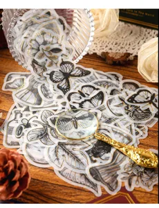 Vintage black and white sketch stickers with gold foil details for DIY craft and journal decor.