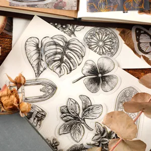 Vintage transparent gold foil botanical stickers set for journaling and DIY crafts decor.