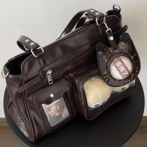 Dark brown PU leather ita bag with clear window, large capacity shoulder crossbody doll bag.