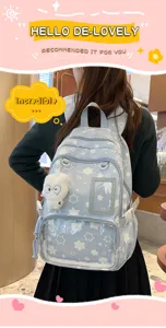 Japanese style student backpack multi-compartment cute star school bag large capacity blue