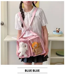 Pink ita bag detail, transparent window backpack, kawaii daily commuting crossbody bag.