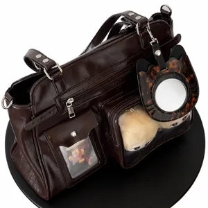 Dark brown PU leather ita bag with clear window pockets for anime dolls, shoulder crossbody bag.