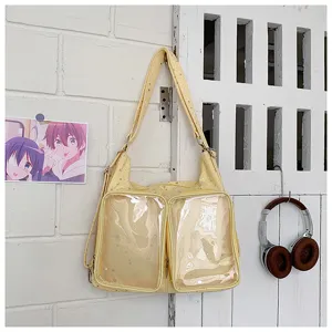 Yellow transparent pocket ita bag detail shot, ideal for daily commute and doll display.