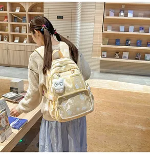 Cute Japanese style student backpack with star pattern, clear front pocket and large capacity.