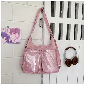 Pink ita bag with double clear front pockets and cute star patterns for daily use.