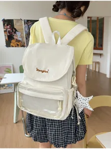 Casual canvas backpack with clear front pocket, stylish daily school bag for women and girls.