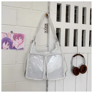 White ita bag with double clear pockets, PU leather crossbody shoulder bag for daily use and doll display.