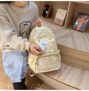 Japanese style cute star pattern student school backpack with clear front pocket large capacity