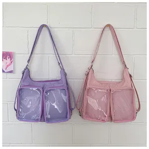 Clear front pocket ita bag, convertible backpack and shoulder bag with cute star pattern design.