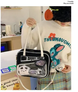 Bolso bandolera de felpa negra lindo Y2K con ventana transparente para uso diario.