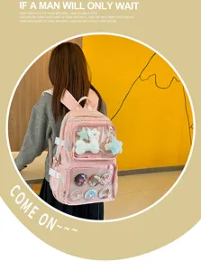 Pink Japanese anime ita backpack with clear window, large capacity school bag for girls.