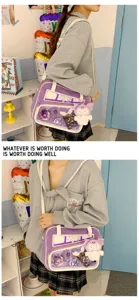 Bonito bolso ita de felpa violeta estilo anime japonés Y2K con bolsillo transparente y muñeca.