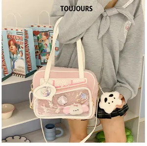 Bolso bandolera mullido Y2K con bolsillo de malla transparente, dijes de felpa y correa cómoda.
