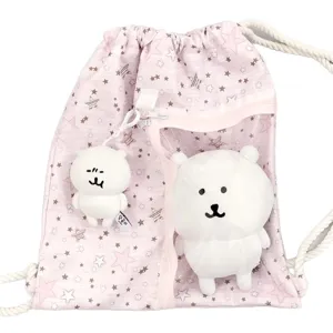 Mochila cordón estrellas rosa con bolsillo transparente y colgante de oso peluche para estudiantes.