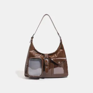 Brown patent leather shoulder bag with clear window pocket chic commuter daily ita bag style