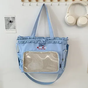 Cute Japanese style blue tote shoulder bag with clear front window and ruffles.