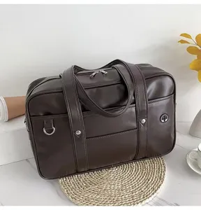 Dark brown PU leather JK uniform bag, Japanese style large campus tote handbag for use.