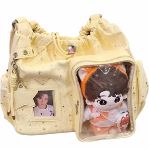Cute 20cm doll ita bag yellow star pattern backpack with clear display window and photo pocket.