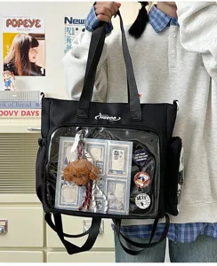 Japanese style sweet large capacity clear front tote bag detail, perfect for pins and badges.
