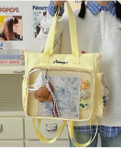 Japanese style sweet clear window canvas itabag large capacity shoulder tote bag yellow detail